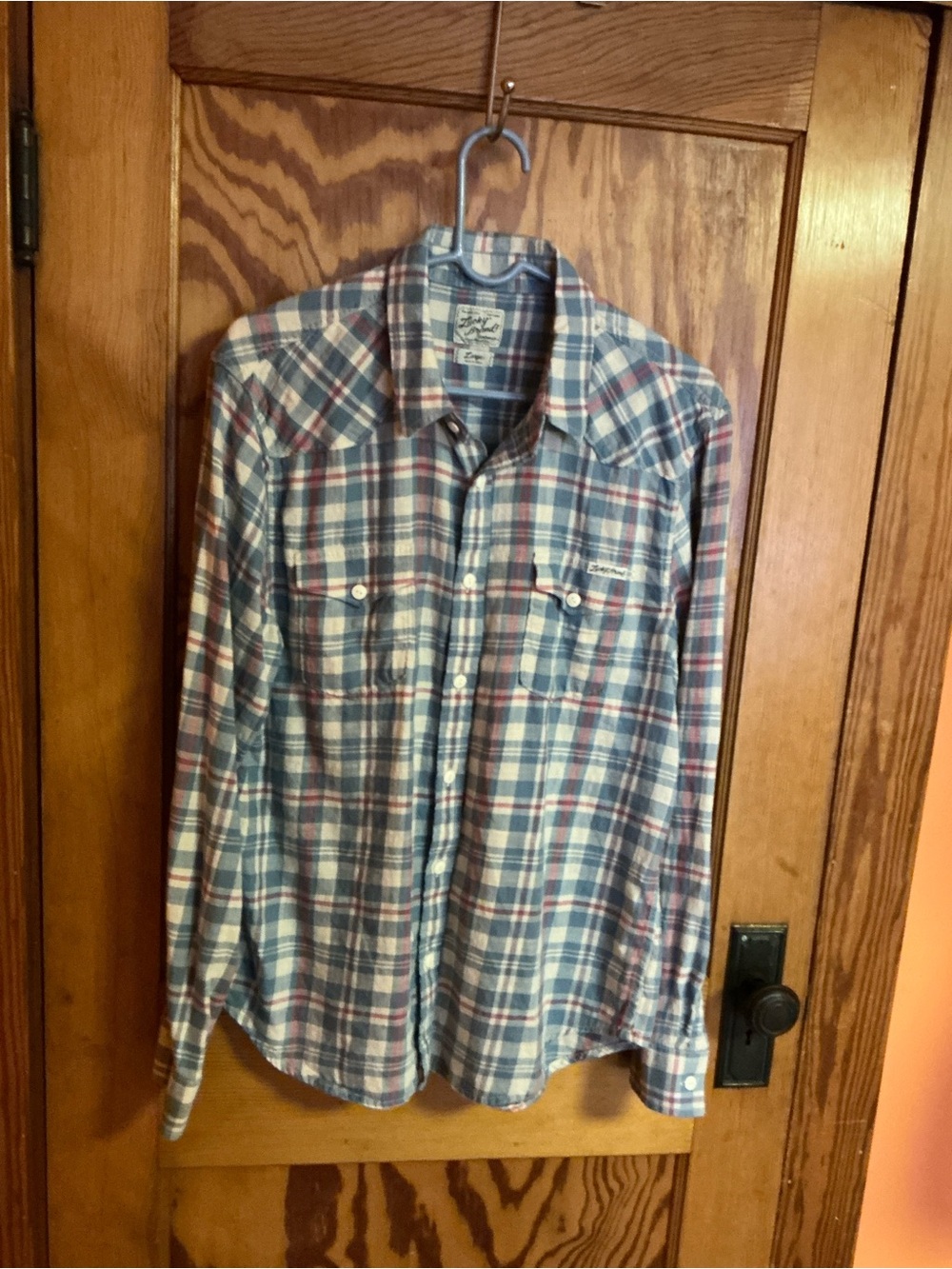 Lucky Brand Western Plaid Pearl Snap Button Up Shirt Large Blue Red Cotton - Picture 9 of 10